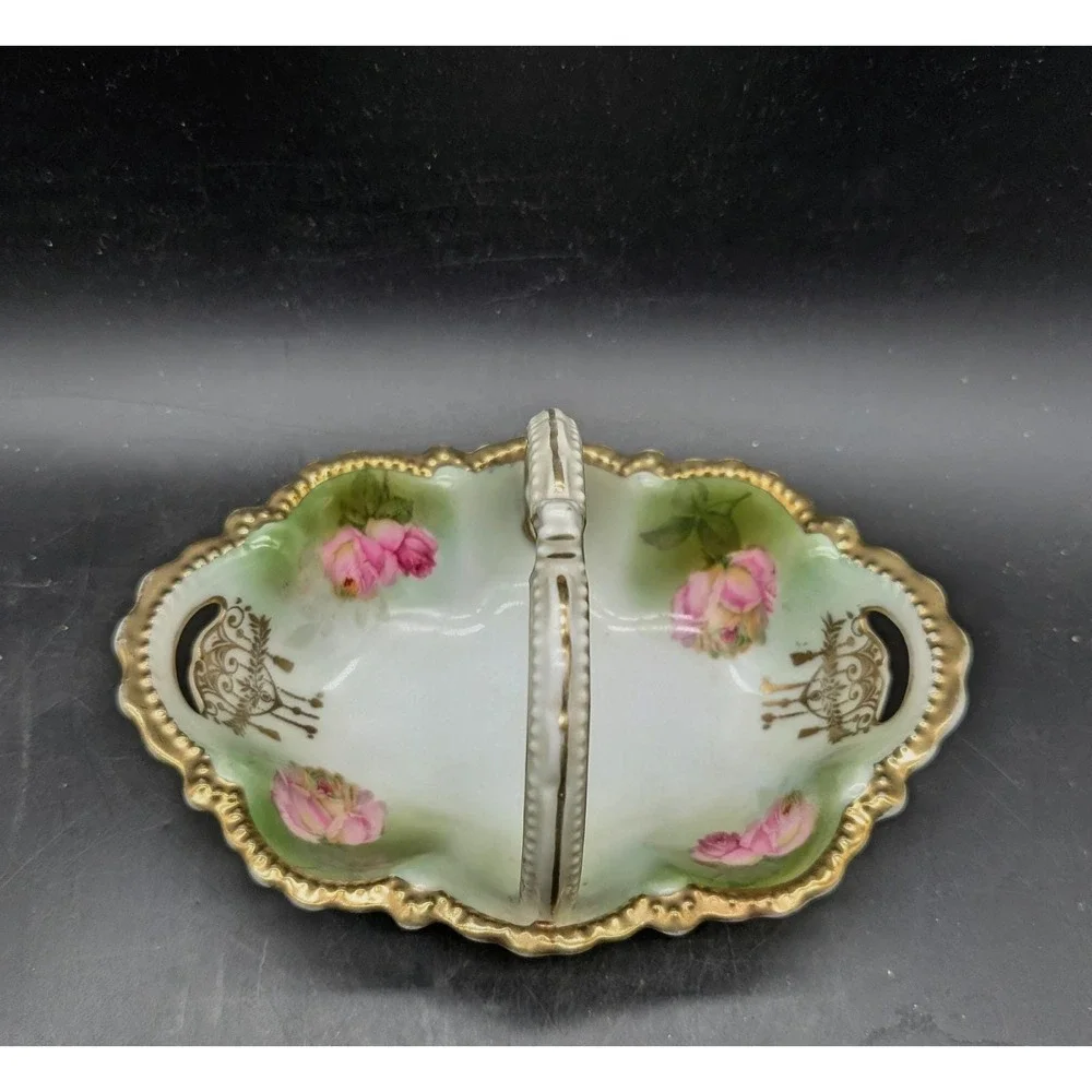 Antique Schwarzburg German Porcelain Rose Basket Divided‎ Candy Dish Gold Gilt